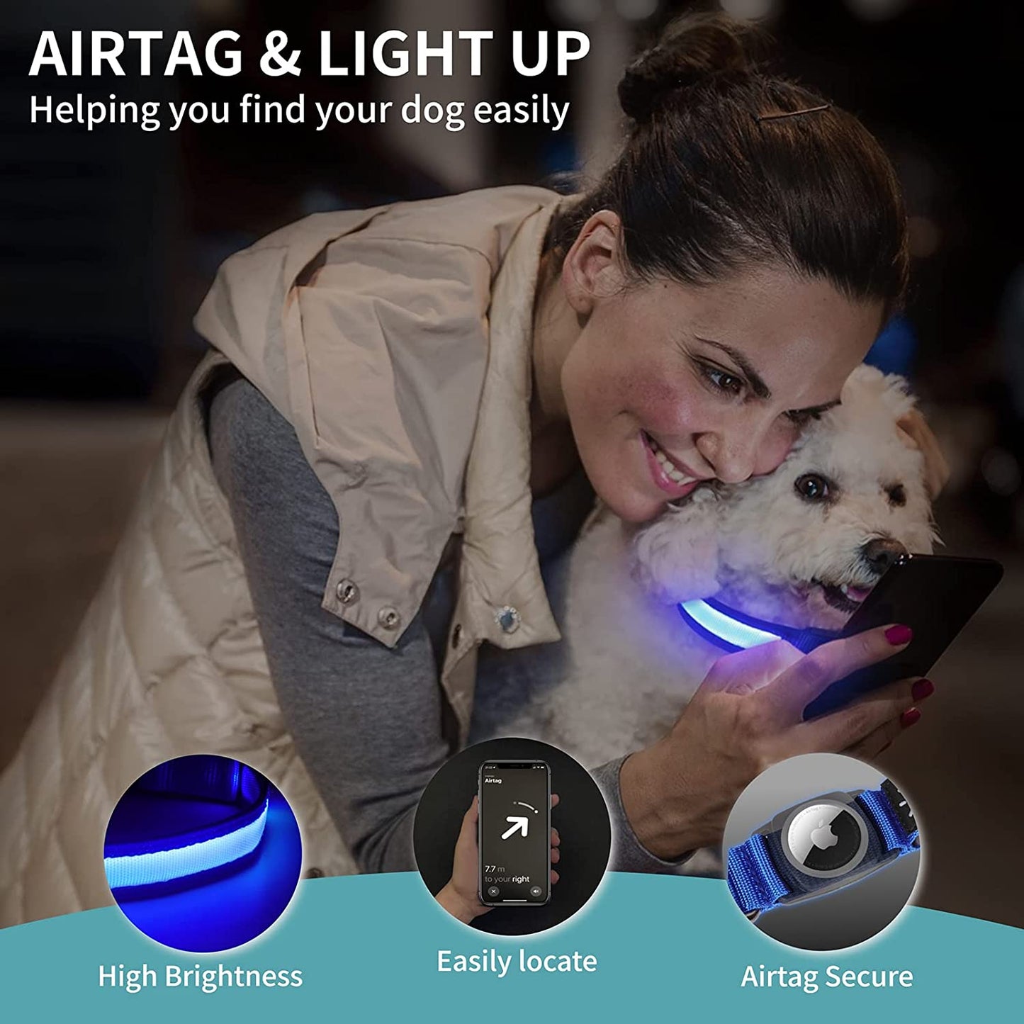 All-in-One LED Lighted, Waterproof Collar with Air Tag Holder